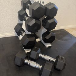 Title: Rubber Hex Dumbbell Set w/ Rack – 12-25 lb Pairs