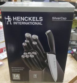 Henckels Silvercap 14 Piece Knife Set with Block, Chef Knife, Paring Knife, Utility Knife, Bread Knife, Steak Knife, Black, Stainless Steel. f3