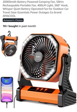 20000mAh Battery Powered Camping Fan, 58Hrs Rechargeable Portable Fan, 400LM Light