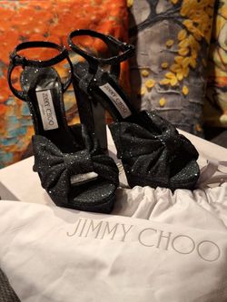 Jimmy Choo Black Glitter Bow Platform Sandals