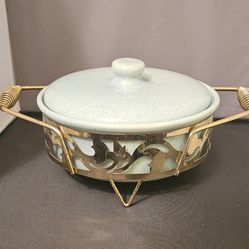 Vintage BAUER Pottery Covered Casserole With Gold Stand