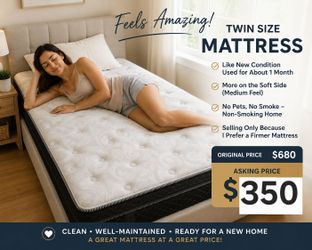 Twin Size Mattress – Originally $680 – Very Good Condition – Like New – No Pets, No Smoker