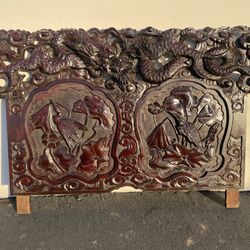19th Century Antique Asian Wood Carved Dragon, Birds & Lotus Bench/Loveseat/Bed Panel