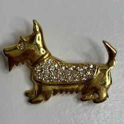 Vintage Scottish Terrier Dog Brooch Pin Gold Tone With Rhinestones