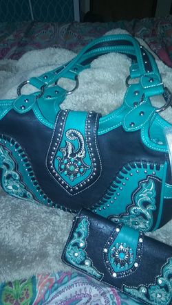 Montana West Satchel/Wallet all leather embroidered and buckled Edition turquoise gemstone satchel and wallet