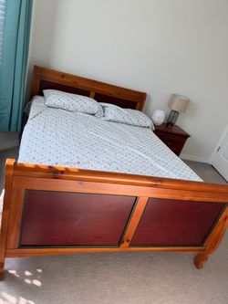 Queen Wooden Sleigh Bed Frame with metal box spring and Matching Nightstand