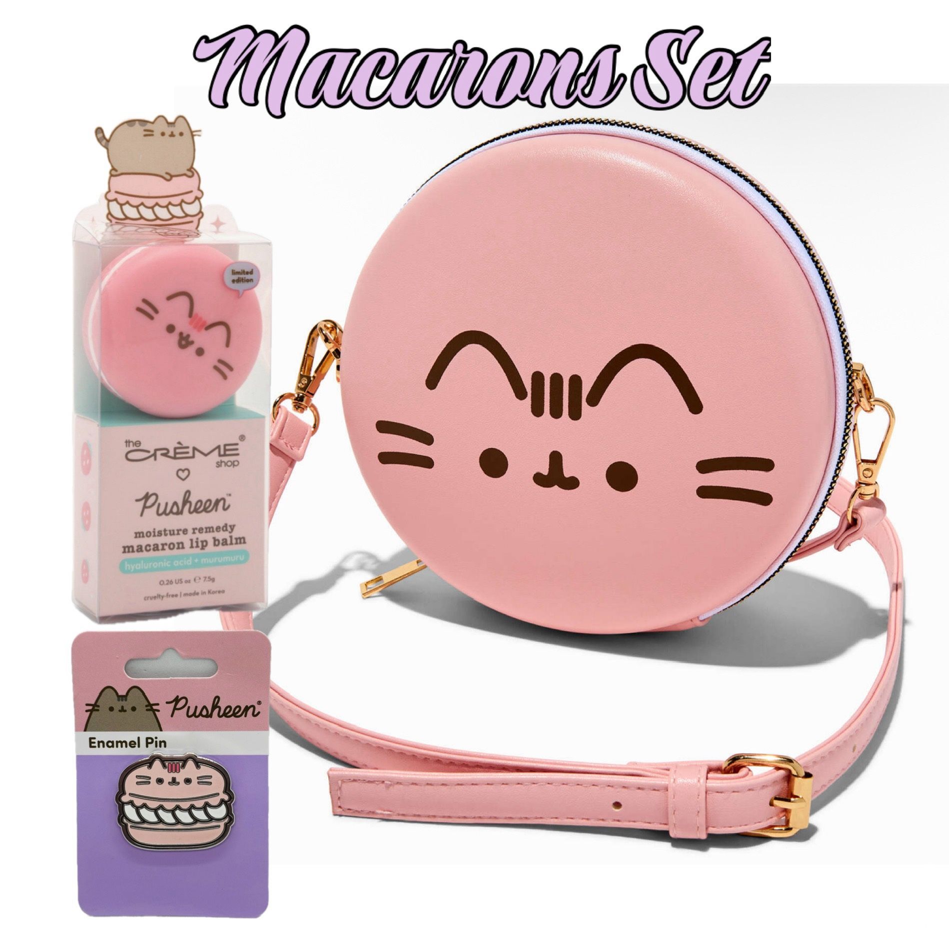 Pusheen Round Macaron Crossbody Bag, Macaron Lip Balm & Enamel Pin Set NWT