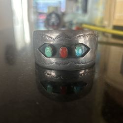 Shadow box Turquoise And Coral Cuff Bracelet 