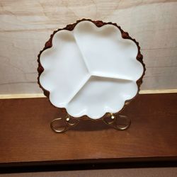 Fire King Milk Glass 24 - Karat Gold Trimmed Divided Serving Dish