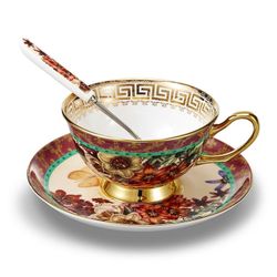 Panbado Cups & Saucers Sets with Spoons, Camellia Patterned Bone China 3-Pieces