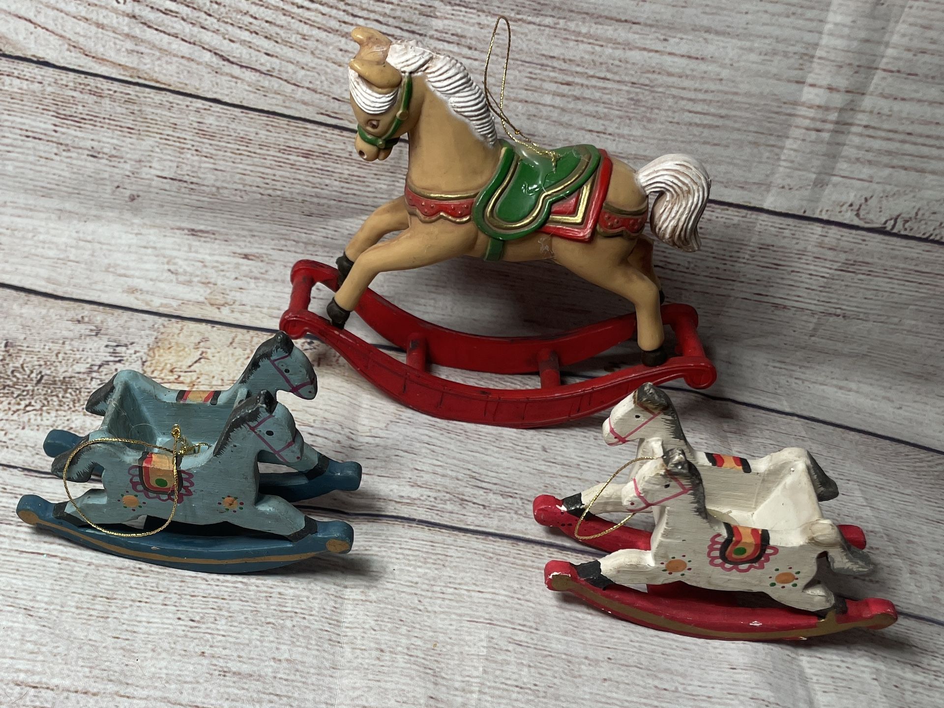 Set of 3 Christmas ornaments, vintage rocking horse holiday decor blue white