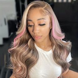 Ombré Highlight Golden Brown/Pink Body Wave Human Hair 13x4 Lace Frontal Wig