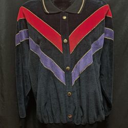 Vintage Jaclyn Sport Velour Track Sweater Chevron Stripe Design Sz L