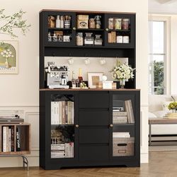 71" Tall Kitchen Pantry Cabinet, Kitchen Hutch Coffee Bar with 4 Drawers & 5 Metal Hooks & 4 Doors & Microwave Stand, Hutch Cabinet for Liv
