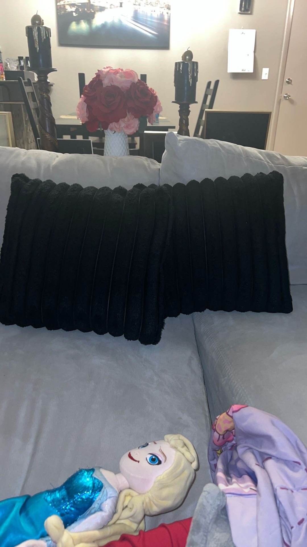 2 Fuzzy Black Sofa Pillows $15 for Both