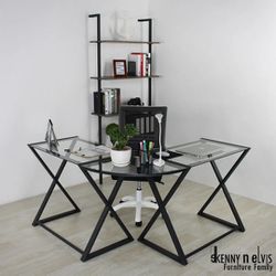 L-Shaped hourglass-Style Computer Desk (Black+Clear Glass)📚💻🖥🖊📝📆📏