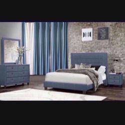 MODERN   Queen Size Blue  Four Piece Bedroom Set. Mattress sold separately 