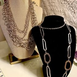 Lot Of Two Silver Tone Links, Hammered, Twisted Circle, Multi Strand Necklaces