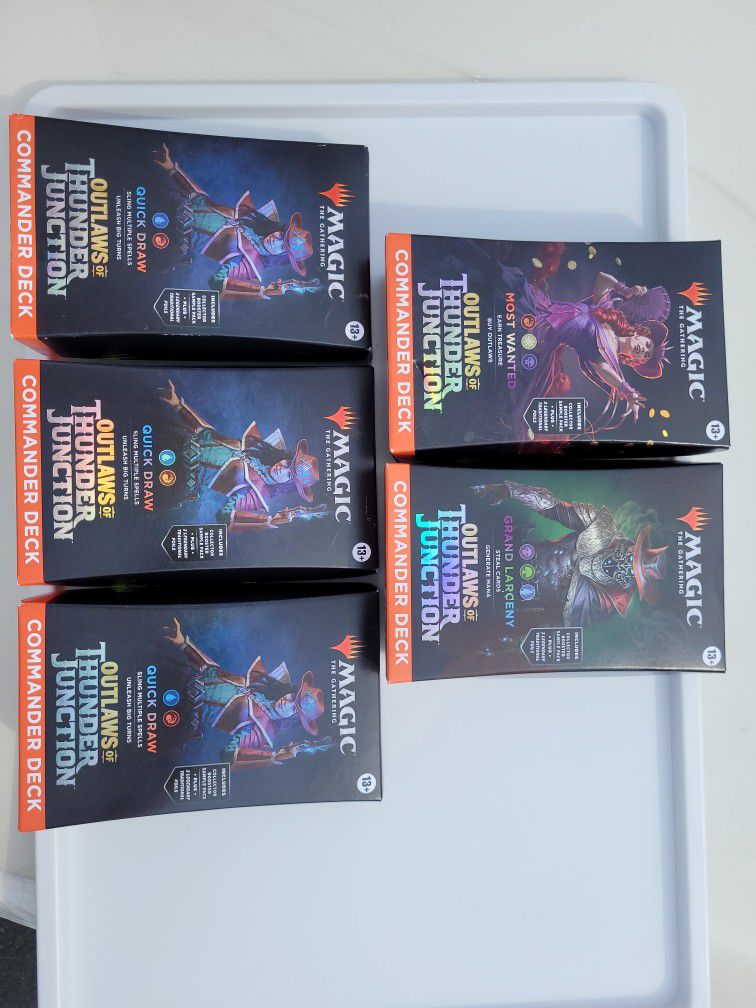 Lot Of Five: Magic: The Gathering Outlaws of Thunder Junction Commander Deck Bundle - Includes All 5 Decks (3 Quick Draw,  1 Grand Larceny, and 1 Most