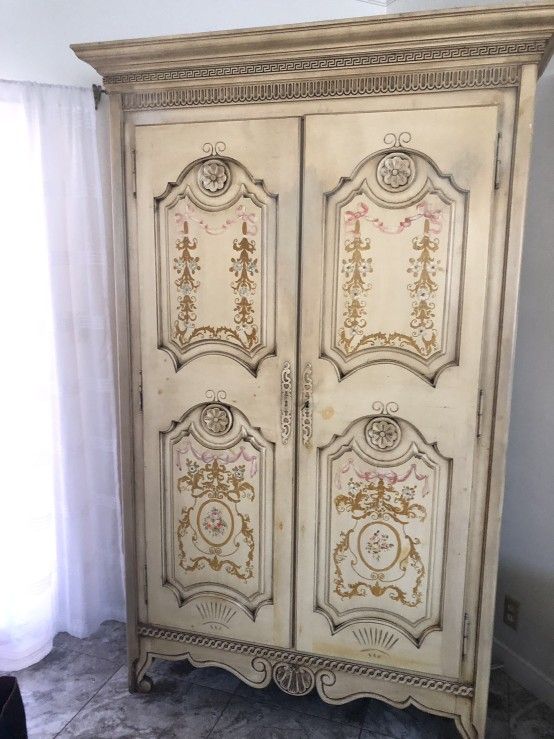 Antique Country French painted Armoire & Entertainment Center Furniture