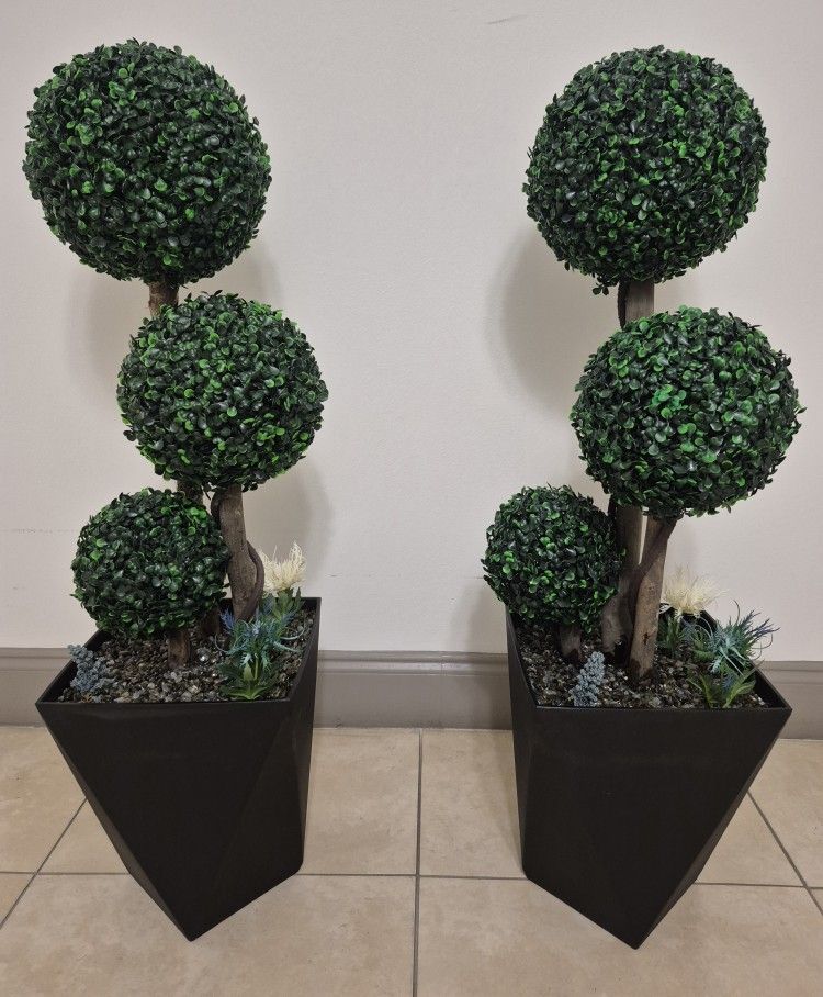 PAIR of 42" Faux 3-Ball Boxwood Topiaries with Labradorite Stone in Square Planters @ Lasting Creations