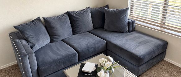 Large Gray Velvet Sectional Sofa with Oversized Chaise