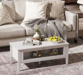 Brand New 39.4'' Wide Modern Coffee Table with Glass Flip-Down Door & Enclosed Storage, White
