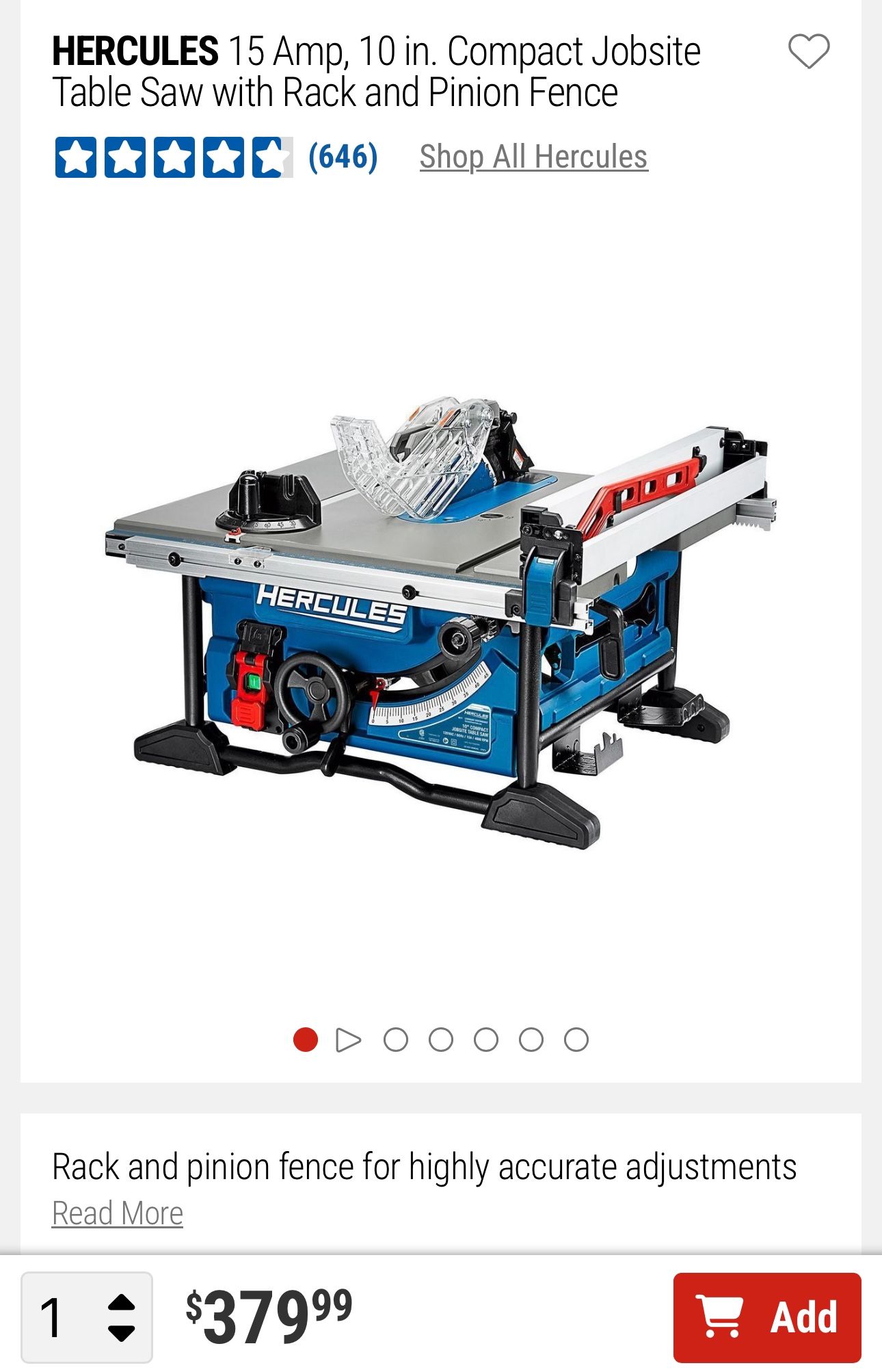 HERCULES 15 Amp, 10 in. Compact Jobsite Table Saw with Rack and Pinion Fence