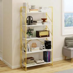 5 Tiers Bookshelf and Bookcase, Modern Wide Gold Bookcase