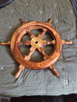 Wooden Nautical Maritime Ship Wheel Decor with Brass Center Hub