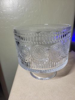 Embossed Unmarked Glass Trifle Bowl - Clear Glass 8 Inches Tall 7 inches wide