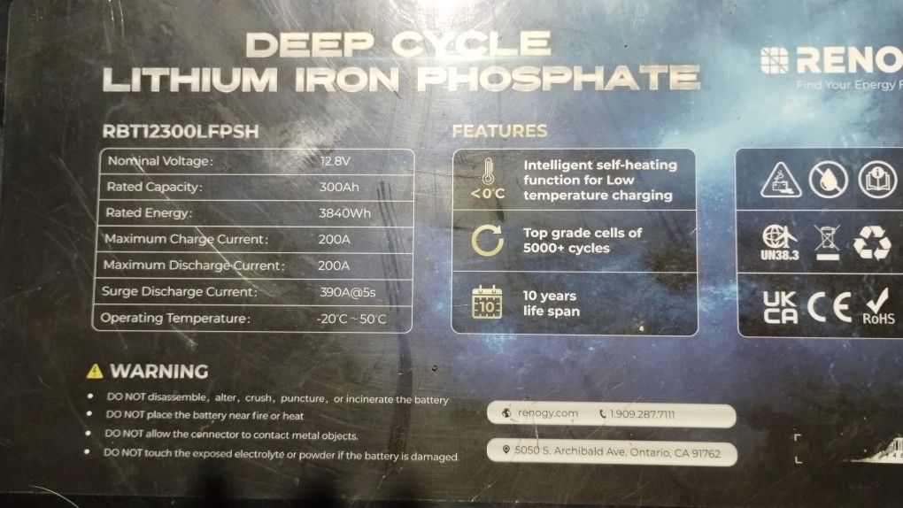 2 Renogy 12V 300Ah Deep Cycle Lithium Iron Phosphate Battery w/Self-Heating