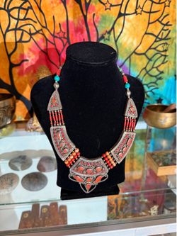 Tibetan Tribal Statement Necklace — Coral & Turquoise Inlay