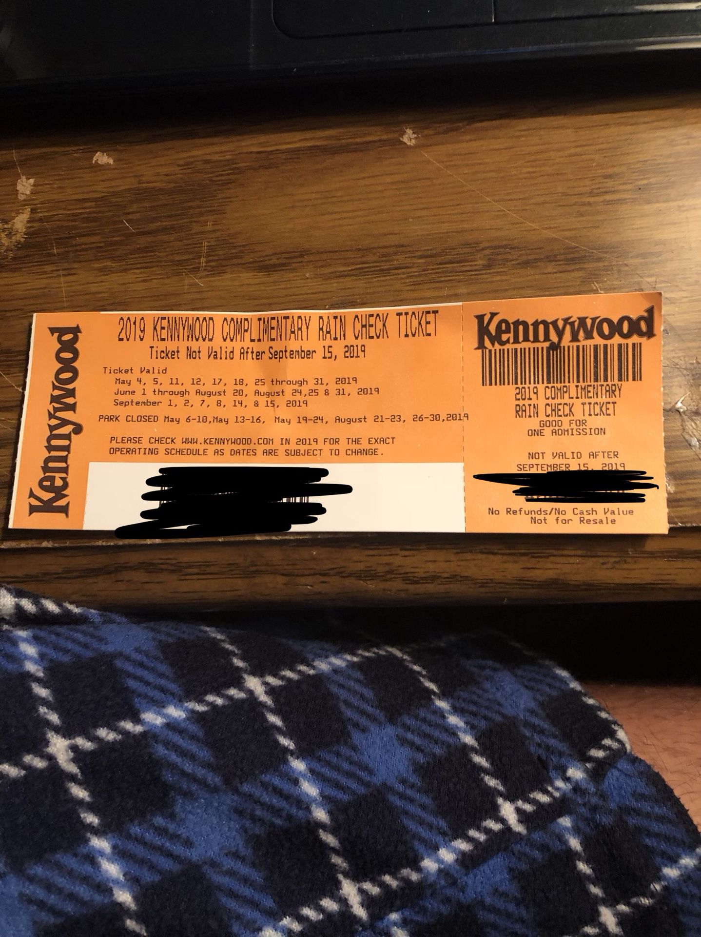 Kennywood rain check ticket