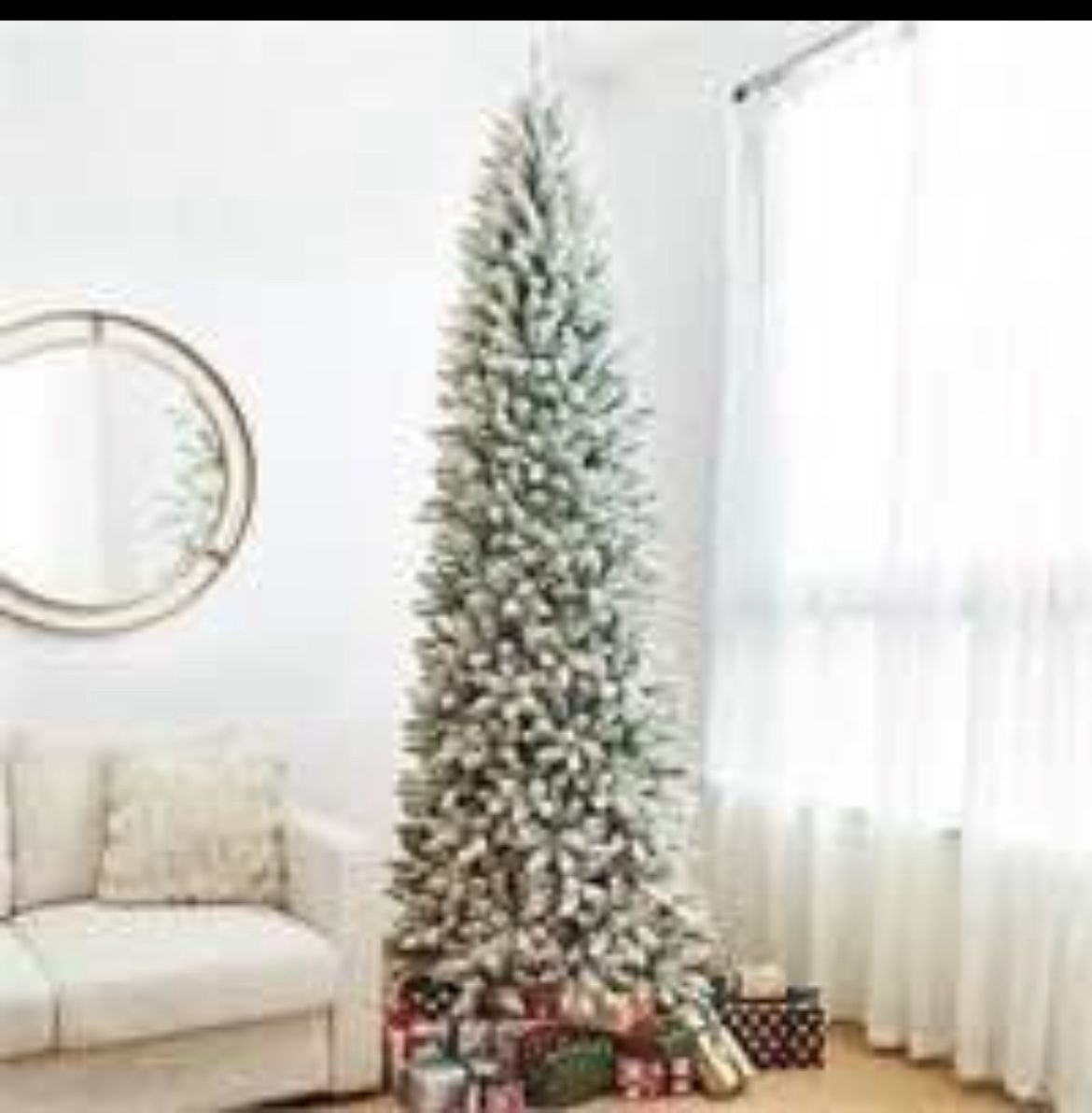 9ft Pre-Lit Flocked Pencil Fir Artificial Christmas Tree with 600 Warm White Lights (New in Box)