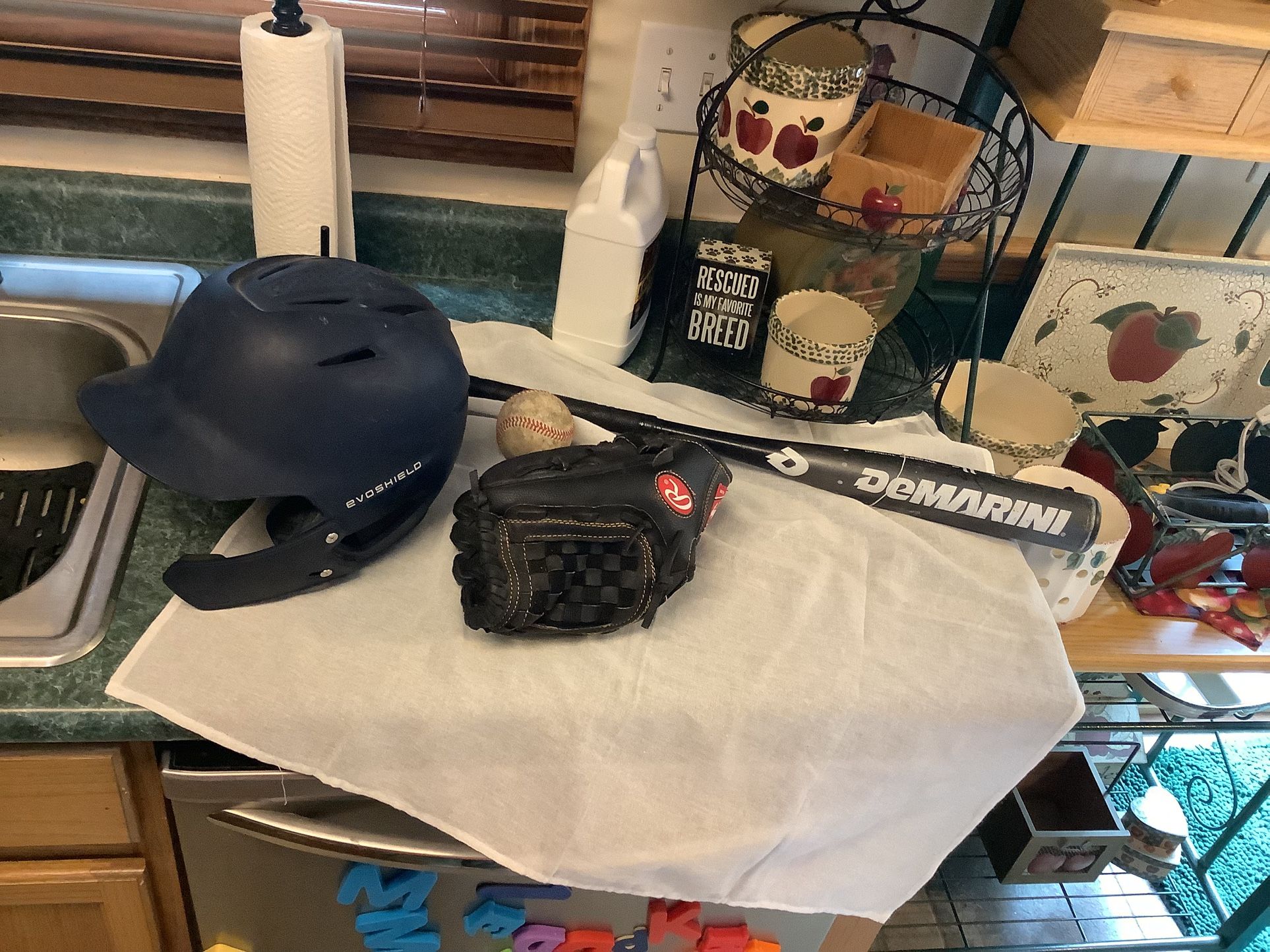 Baseball equipment includes like new Rawlings 12” glove, DeMarini baseball bat 28” 17 ounces, Baseball helmet size medium with from face protection