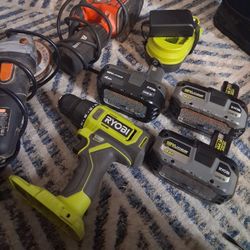 Power tools and batteries. Ryobi drill/driver, 3 4aH batteries, charger, and more
