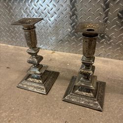 Castilian Imports Made In India Vintage Silver Candlesticks 10 inches high. $75  for the pair. 