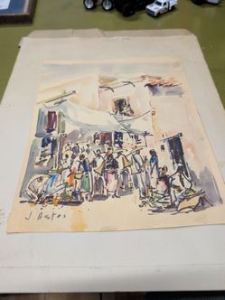 Vintage Navarro Taxco Mexico Original Watercolor Painting Framed Street Scene