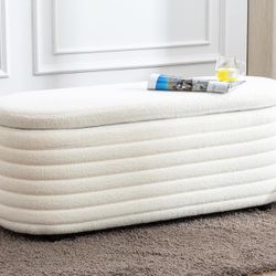 Storage Teddy Ottoman Bench Upholstered Fabric Storage Bench End of Bed Stool with Safety Hinge for Bedroom, Living Room, Entryway, Closet(45.5", Whit