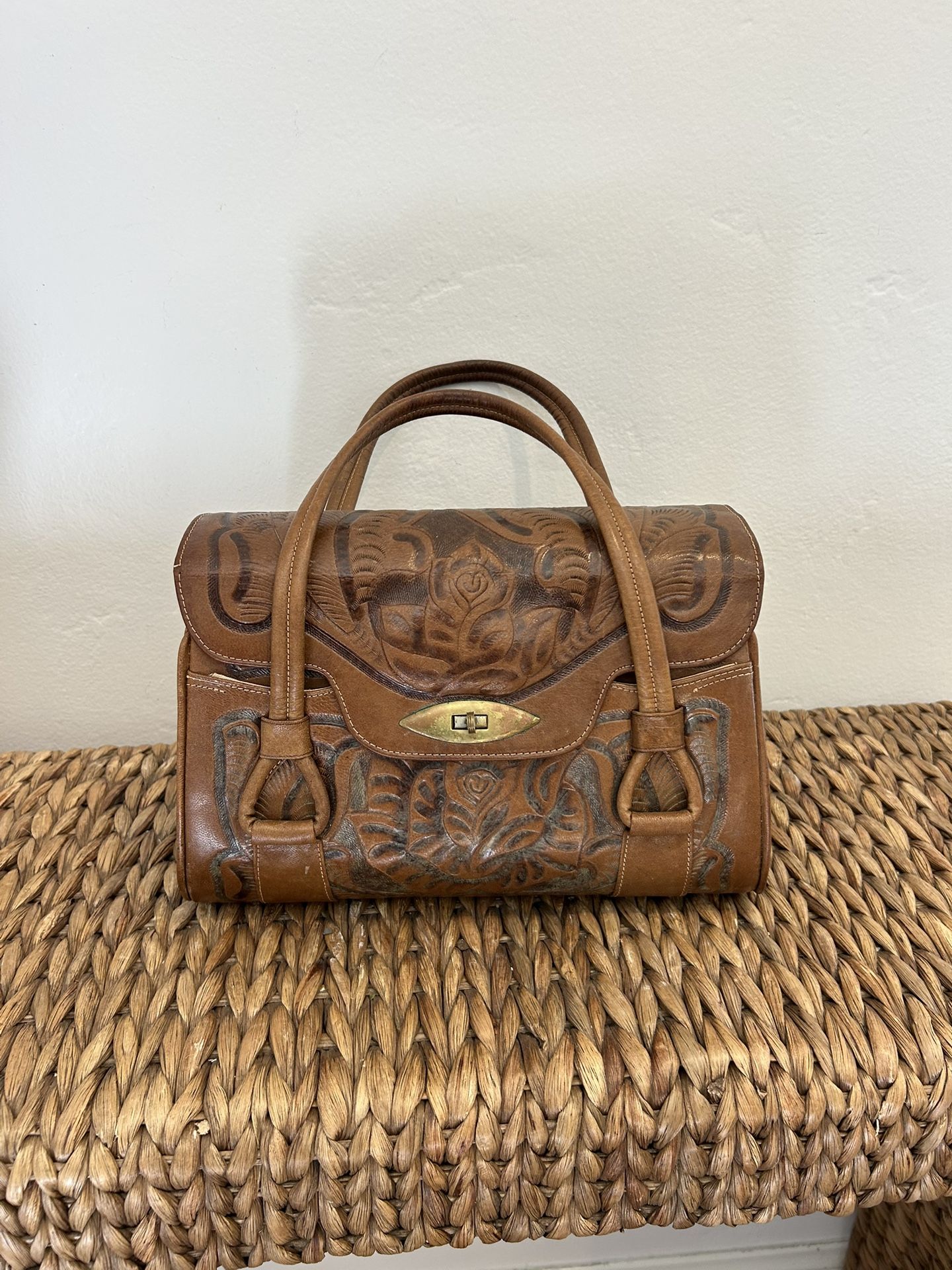 Retro 1960’s Original Hand Tooled Leather Bag purse, shoulder bag, medium, brass accents, vintage condition, worn collectible, accessory womens clutch