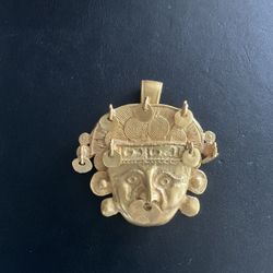 Gold Tone Aztec Mask Looking Pendant With Small Dangle Discs 