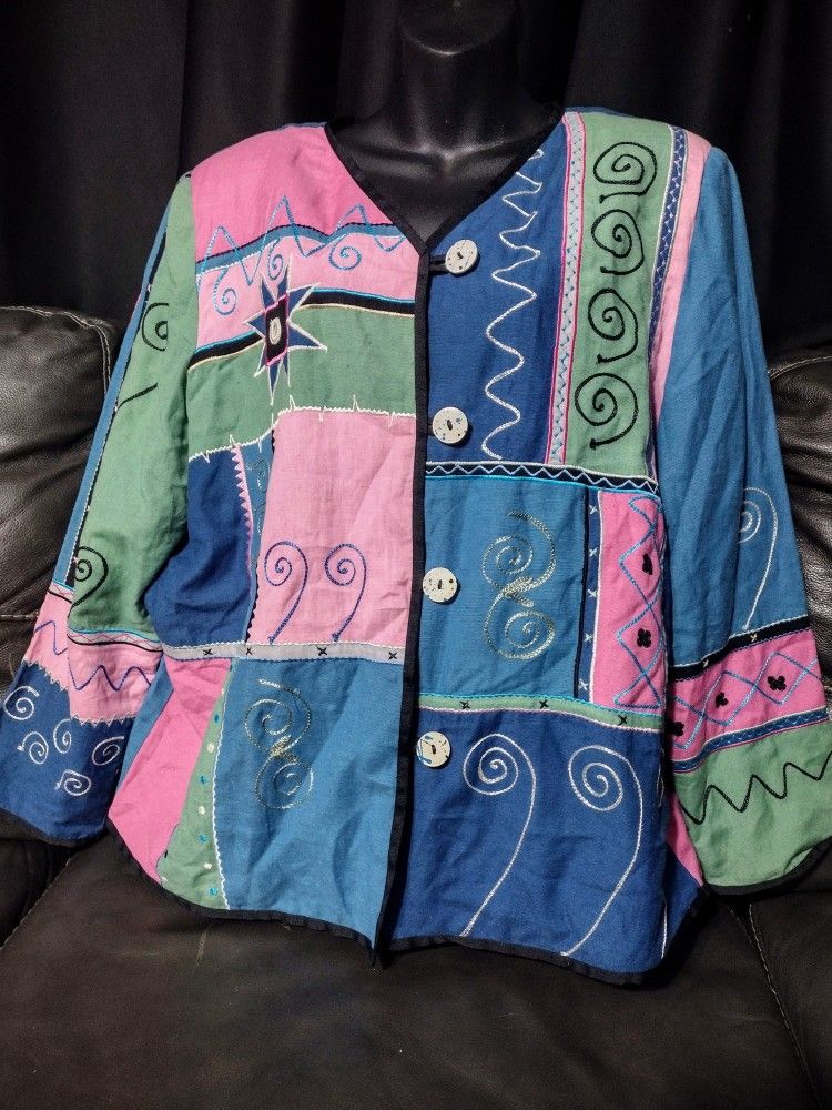 Indigo Moon Whimsical Swirl Patchwork Button Up Jacket