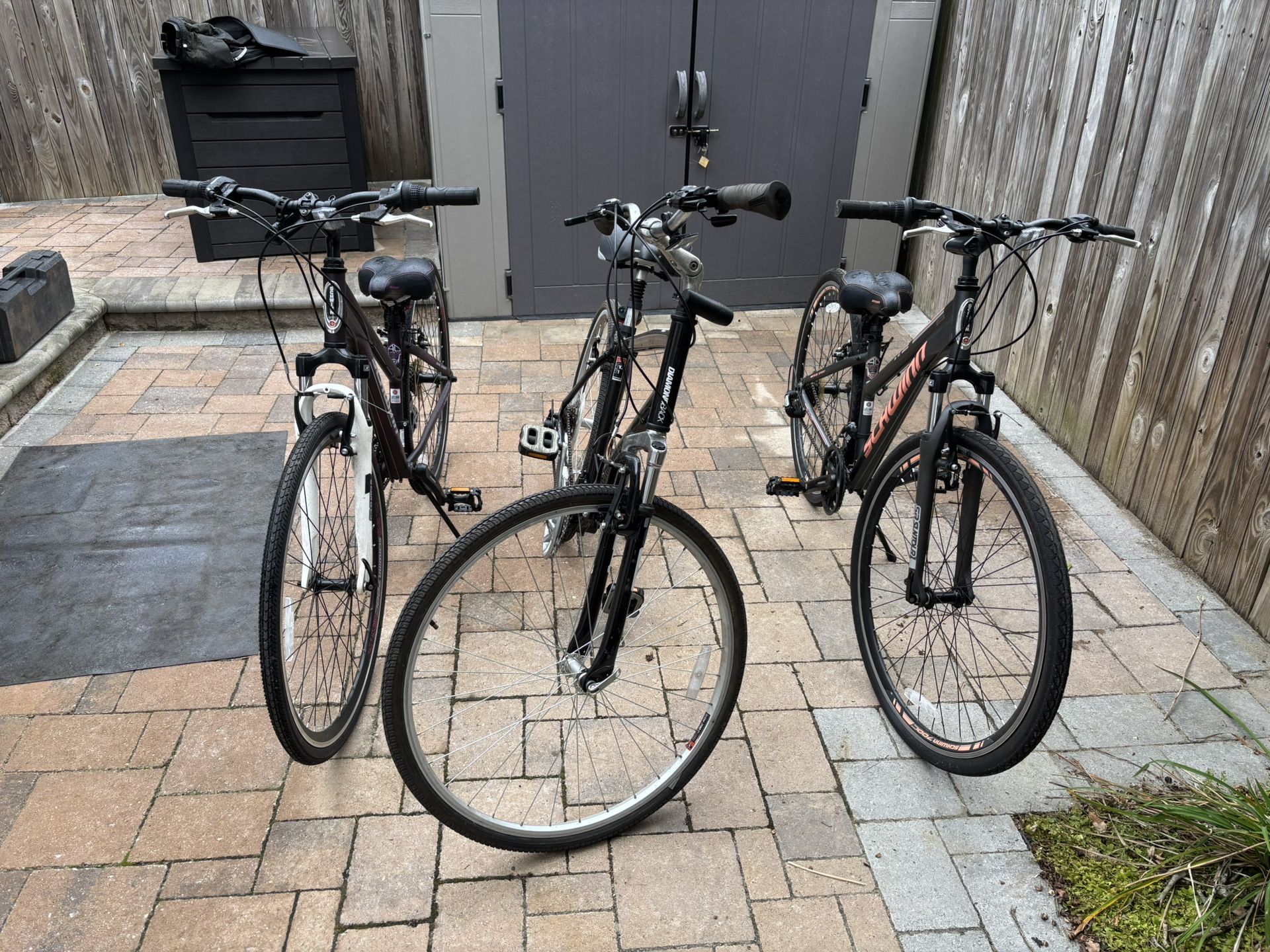 Two Schwinn One Diamondback Bikes