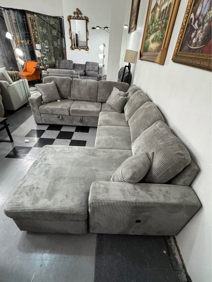 fog corduroy storage chaise sectional sofa with pullout sleeper bed