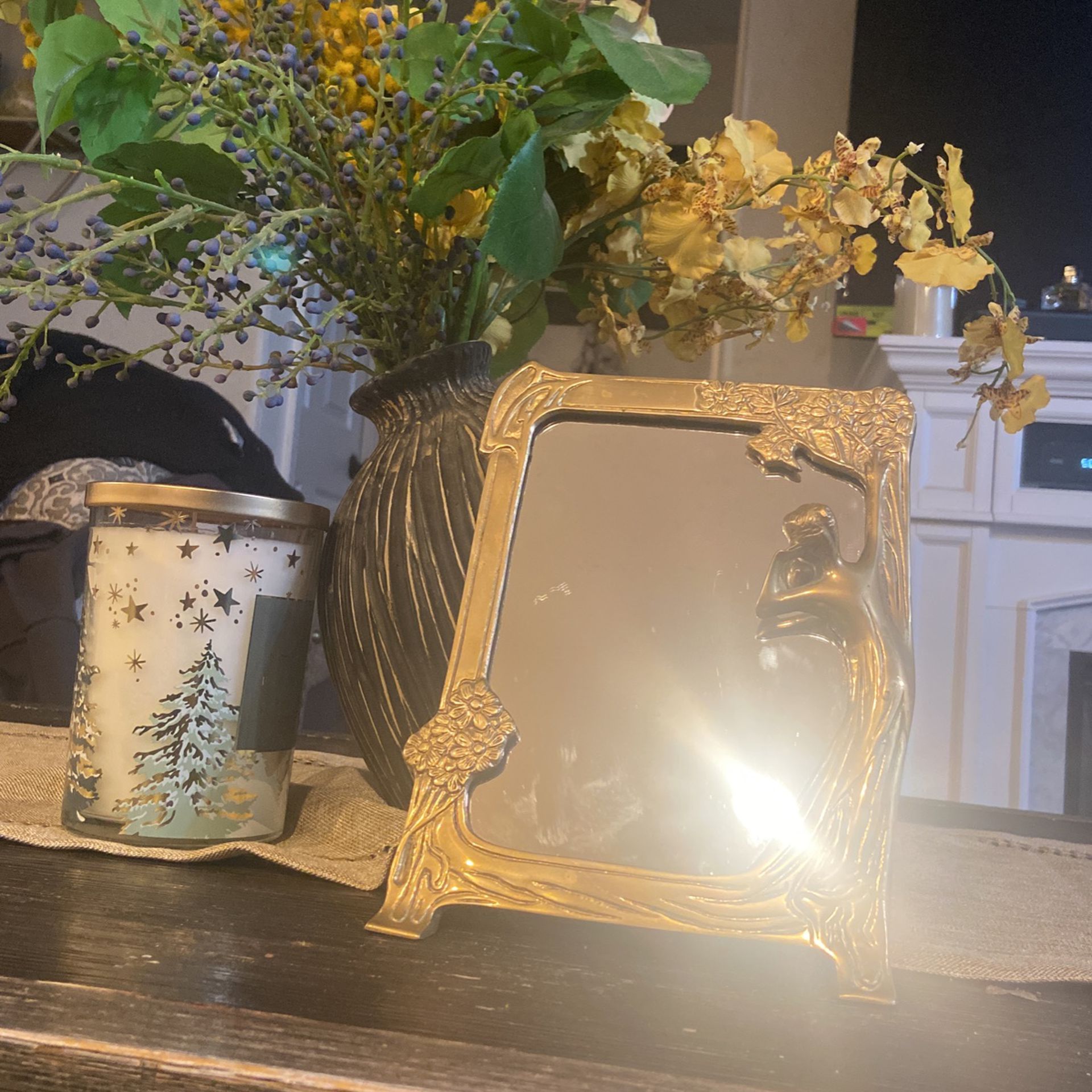 Art Nouveau Brass Framed Mirror - Vanity