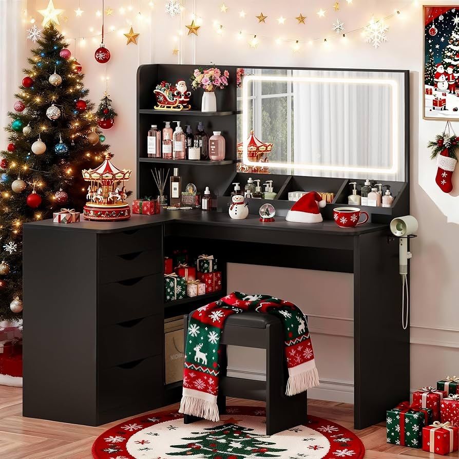 New Vanity Desk with Mirror, L Shape Vanity, LED Lighted Mirror, with Power Outlet and 3 Storage Shelves, Makeup Table with 5 Drawers, 3 Color Modes,