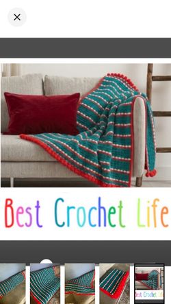 Handmade Crochet blanket in teal/red/white (61” x 46”)