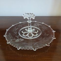 Paden City Glass - Clear Pressed Glass Serving Tray with Center Handle and Etched Floral Design by Paden City Glass Company