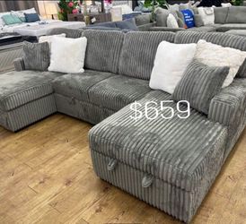3-pc Sectional sofa with pull-out bed & double storage grey or black Fur-Like Jumbo